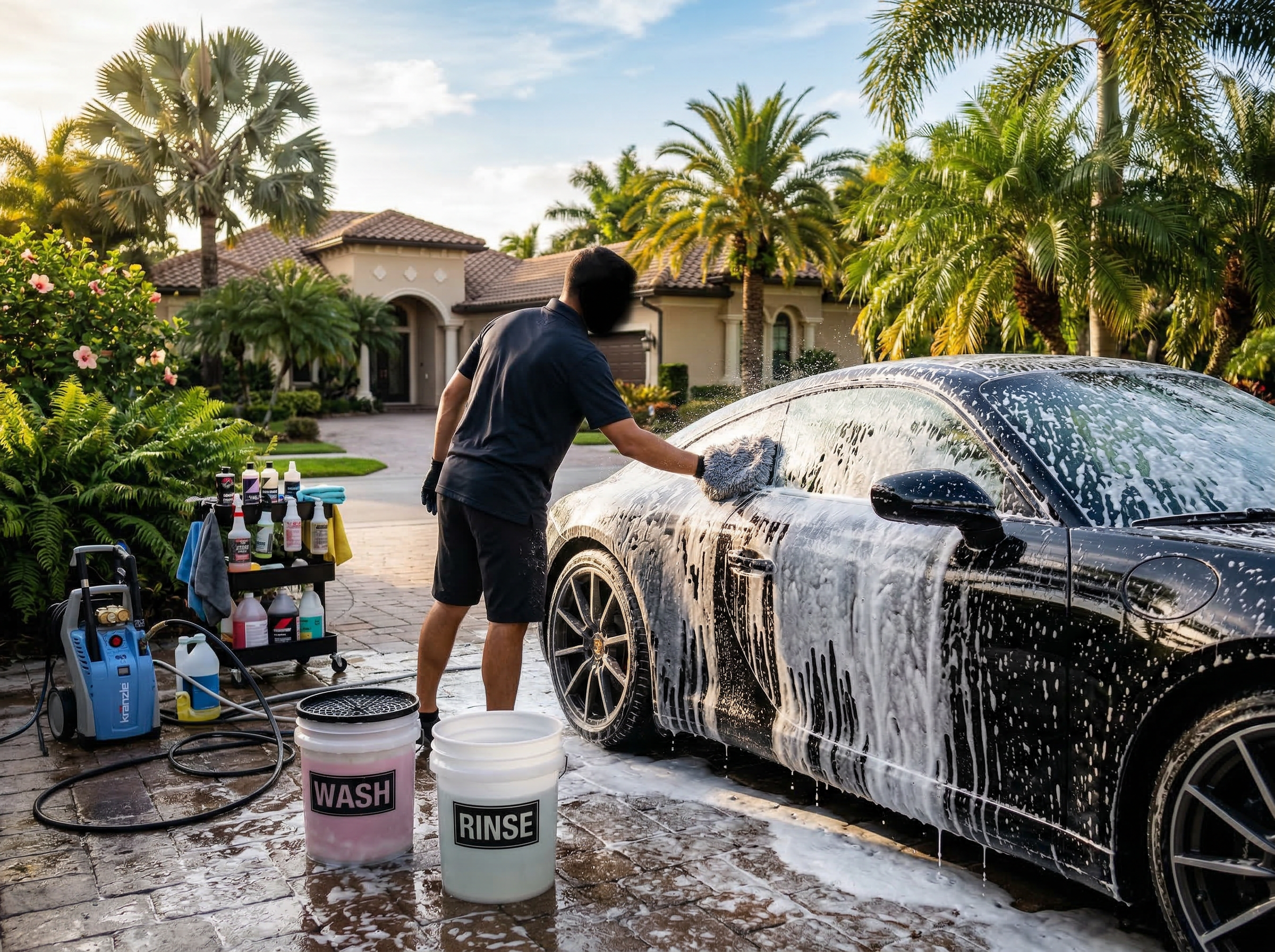 Professional two-bucket wash method on a luxury car in a Florida driveway