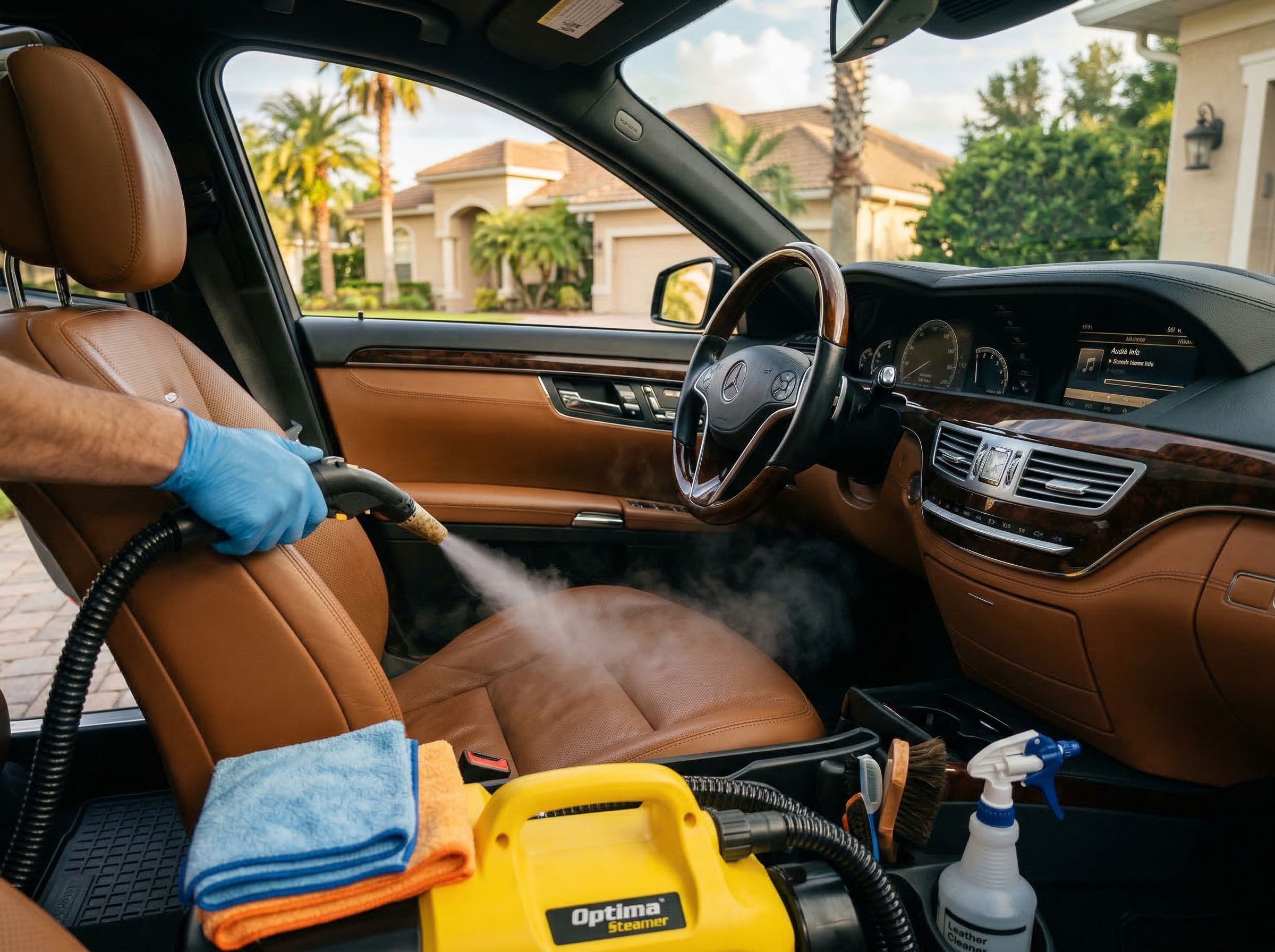 Interior steam cleaning of luxury vehicle seats and dashboard